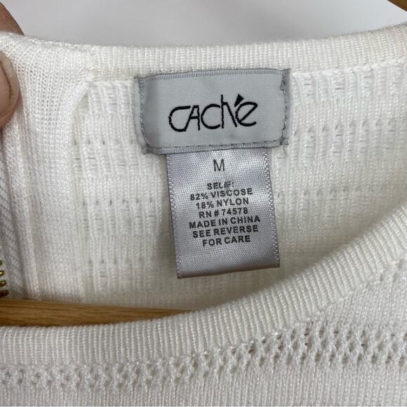 CACHE Dress Ivory Winter White Knit Crochet Trim Sleeve Bodycon Cocktail M - Picture 4 of 7